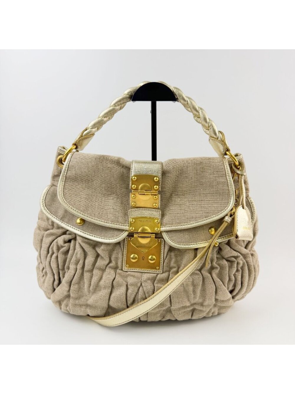 Miu Miu Coffer Matelasse 2-Way Shoulder Bag Linen Leather Beige Gold Vintage